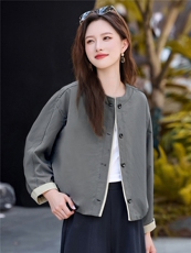简约百搭超好看圆领短款外套女2025秋季新款宽松显瘦休闲夹克上衣，女装短外套，鑫鑫美