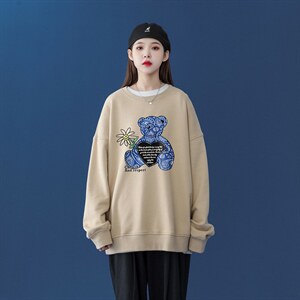 中性风 2026秋季新款设计感小熊腰果花印花圆领卫衣W175P30控48图片