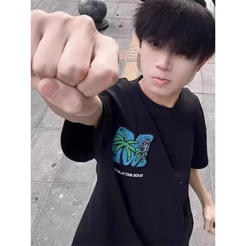 万针全刺绣工艺抖音得物高品质260克重磅纯棉双纱美式高街短袖T恤,男装T恤,电商A486