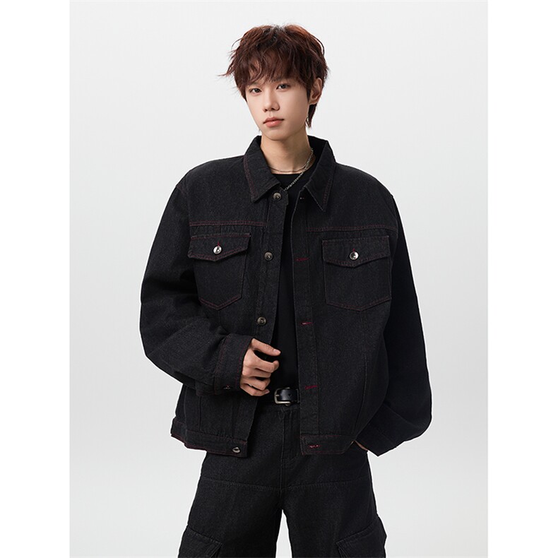 JKDD010-P65原牛红色明线工装牛仔夹克春秋短款cleanfit设计外套,男装夹克,星座712A-1