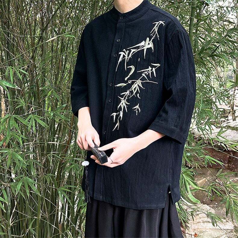 现货25夏季新中式新款男士大码中袖衬衫竹叶刺绣上衣T29-P65控89,男装衬衫,电商A021