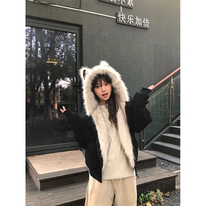 现货重磅硬挺boxy羽绒棉衣座山雕猫耳大毛毛领麂皮棉服冬外套图片