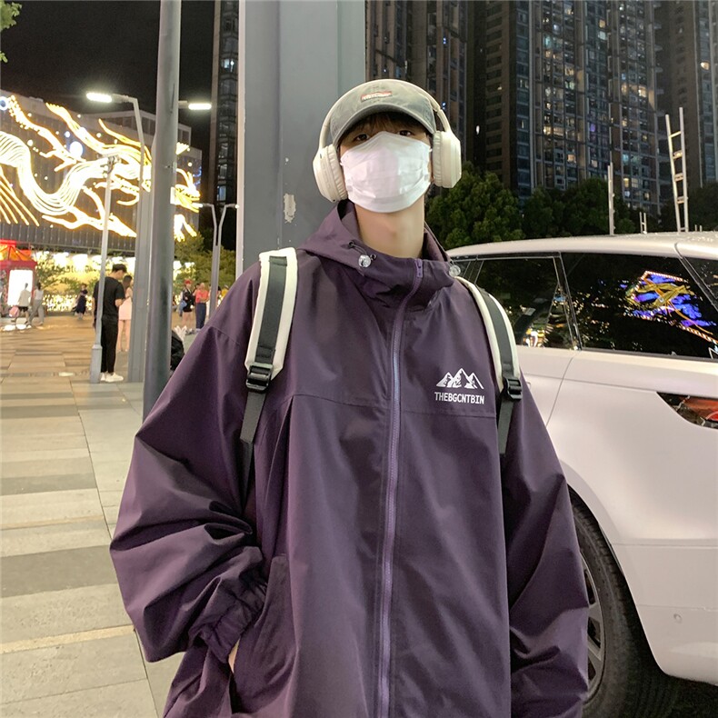 港风夜景 时尚宽松字母印花连帽冲锋衣夹克 F381 P65控88图片