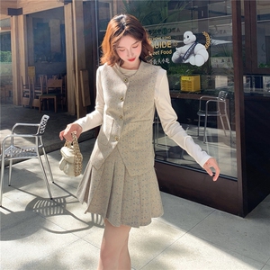 碎花西装马甲百褶短裙套装女2025春秋季新款学院风减龄显瘦两件套图片