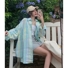小清新薄荷绿polo领格子衬衫女2025春秋新款幂式穿搭长袖衬衣外套，男装衬衫，星座506A