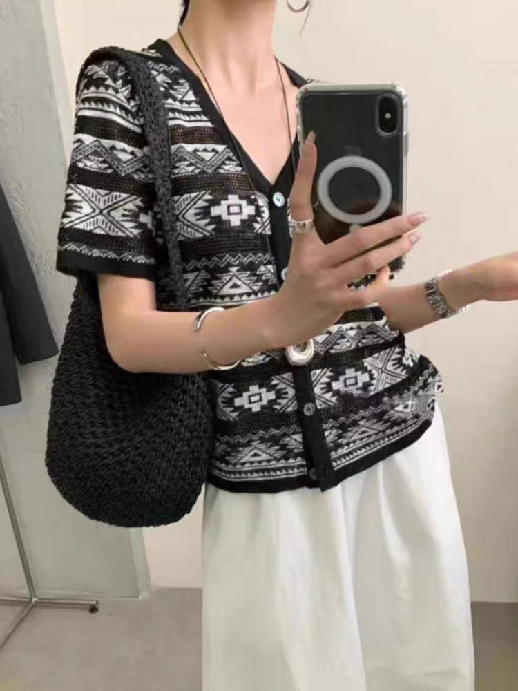 法式复古提花V领短袖T恤针织开衫,针织衫/毛衣,天佑贝依