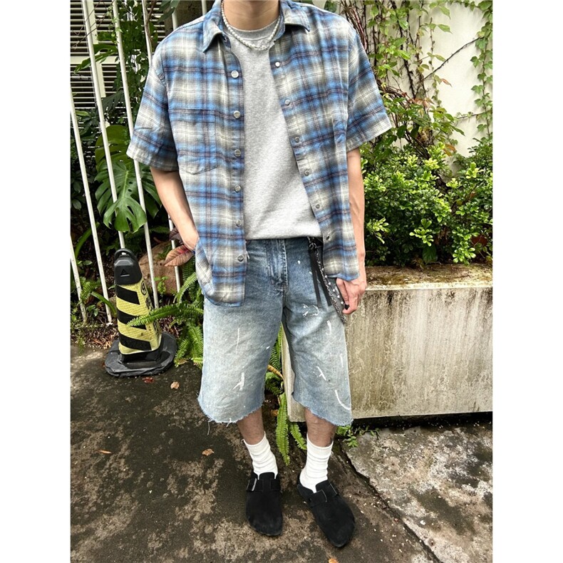 美式复古慵懒格子情侣衬衫男女夏季短袖宽松休闲外套CDA01-P34,男装T恤,星座208-5