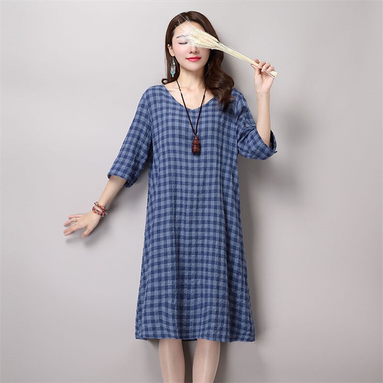 格子棉圆领宽松腰套头2021年夏季五分袖长裙做旧褶皱连衣裙，女装连衣裙，独衣靓