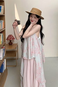 粉色甜美雪纺印花不规则吊带长裙夏季新款海边度假超好看连衣裙女图片