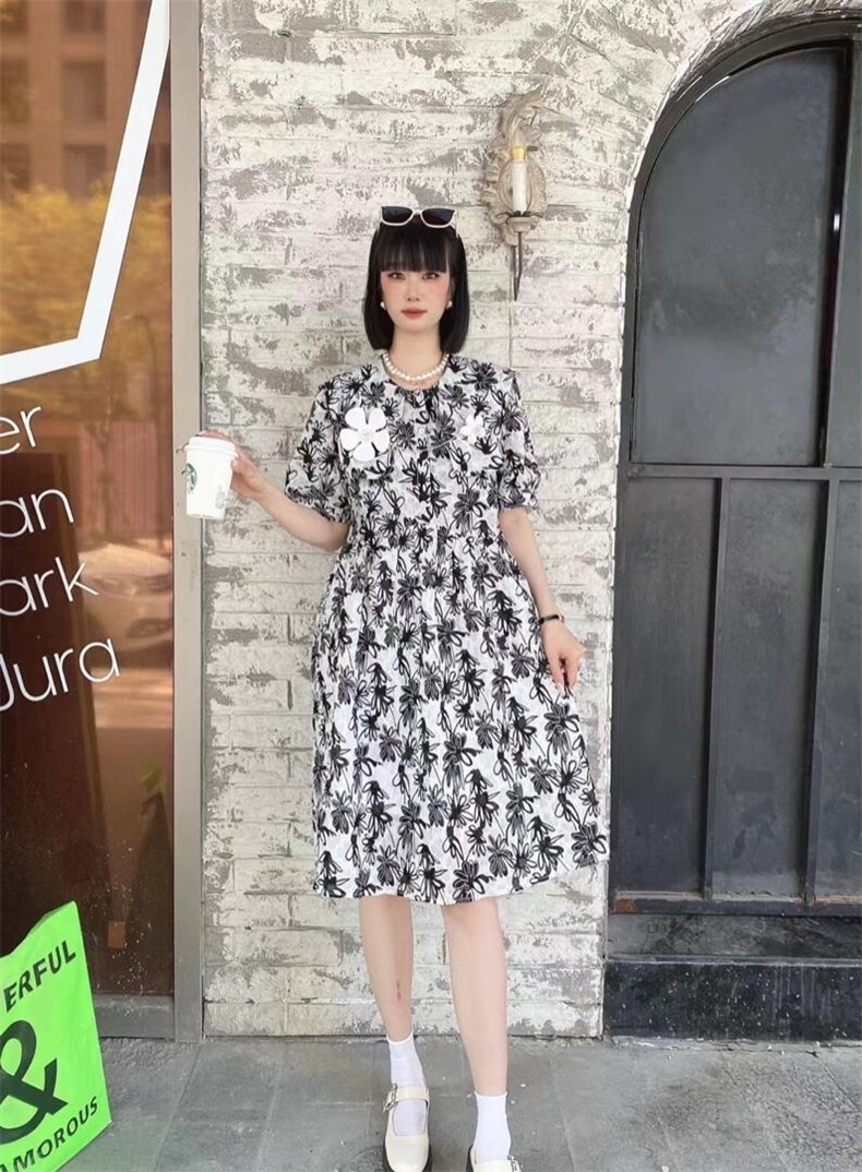 爱美欧夏季新款泡泡压花朵连衣裙，女装连衣裙，爱美欧