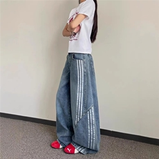 美式条纹弯刀阔腿牛仔裤男女秋季街头宽松百搭拖地长裤AMG206P56，男装牛仔裤，星座1013-5