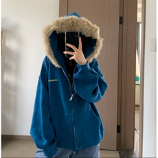 蓝色大毛领拉链卫衣男女秋冬季加绒oversize宽松显瘦保暖上衣潮，男装棉衣，星座601-1