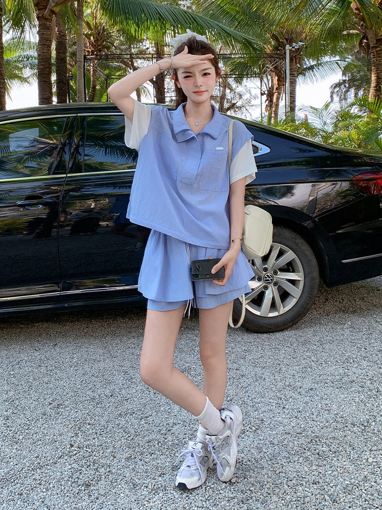 学院风休闲假两件立领上衣短裙裤两件套女2025夏季新款小个子套装,女装运动套装,浙宝285（原212）