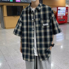 格子短袖衬衫男潮牌夏季新款宽松日系衬衣休闲外套CS087-P36，男装衬衫，星座308B-2