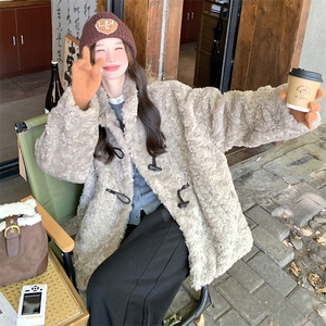 学院风牛角扣灰色立领羊羔毛外套女冬2024新款超好看加绒加厚棉服图片