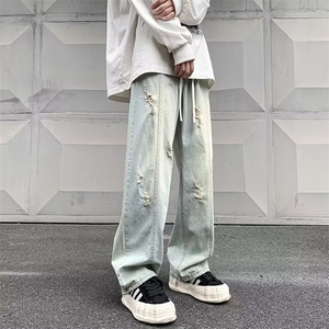 美式高街破洞牛仔裤男秋款潮牌复古宽松阔腿欧美直筒裤N6096-P43图片