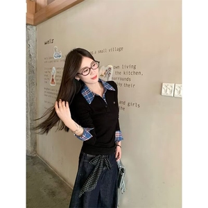 假两件格子纹拼接polo领长袖t恤女春秋修身打底衫设计感小众上衣图片