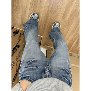 K7053EE-特P48闪电纹微喇牛仔裤男款美式高街复古水洗直筒长裤子