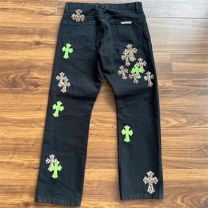 潮流欧货潮牌克罗经典彩色十字架拼皮牛仔裤男女同款时尚裤NZ7075图片