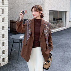 美拉德咖色毛呢西装外套配丝巾套装女秋冬2025新款韩系高级感穿搭，女装短外套，2C278
