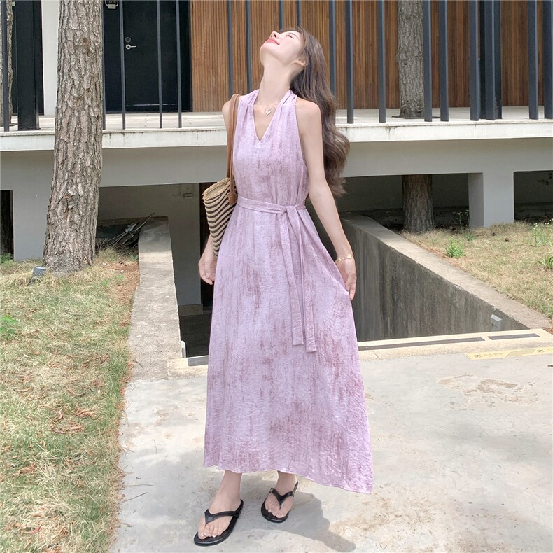 法式浪漫无袖碎花连衣裙女2025夏季新款氛围感度假风显瘦减龄长裙,女装连衣裙,琦鑫阁（原依鑫阁）