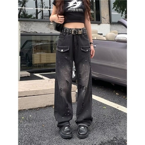 美式高街vibe牛仔工装裤女bf慵懒风春秋情侣款黑色伐木裤直筒裤图片