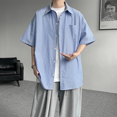 8XL-M条纹短袖衬衫男夏季宽松慵懒风痞帅大码衬衣外套DC28001P40，男装衬衫，电商B312