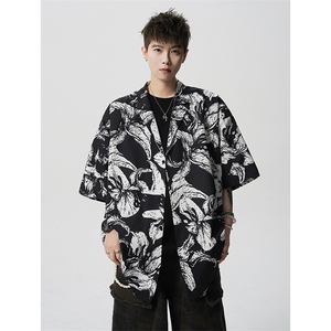 8XL-M 冰丝凉感衬衣垂感透气复古花纹宽松男五分袖短袖衬衫CS526图片