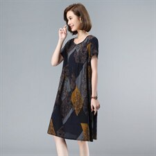 优雅复古印花连衣裙宽松显瘦短袖长裙舒适百搭，女装连衣裙，依恋蒂丝