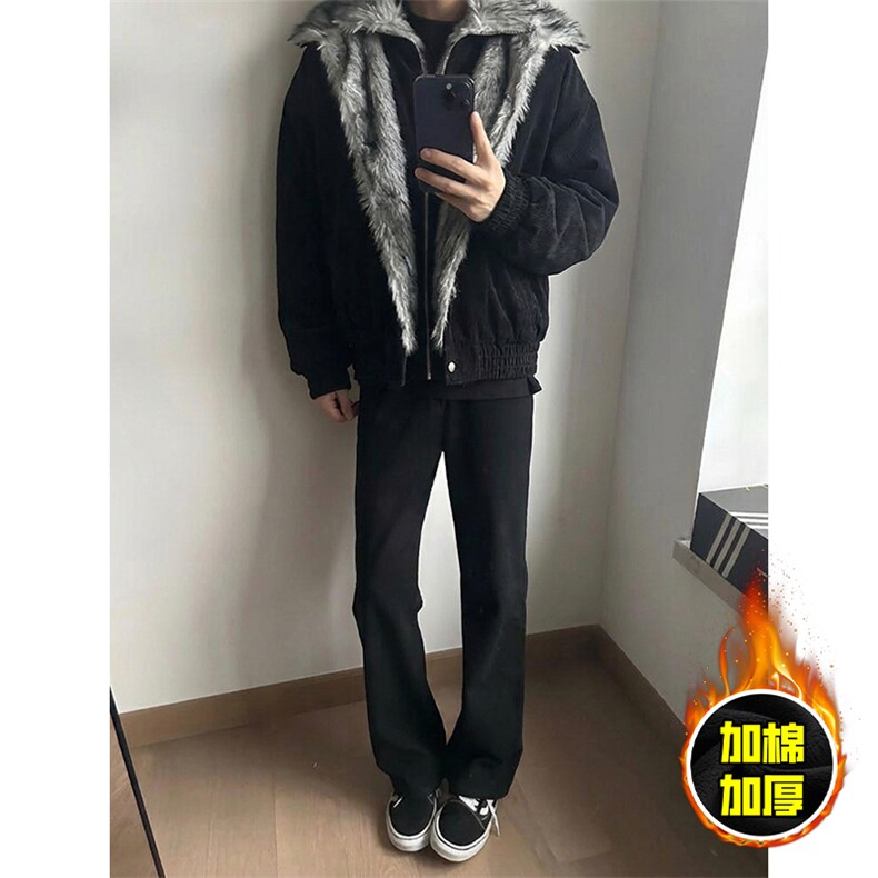 现货高品质美式高街重磅狼王座山雕毛毛领假两件棉衣加厚棉服外套，男装棉衣，电商A486