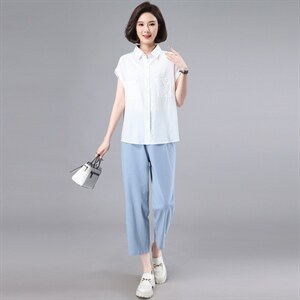 时尚套装女2023夏季新款天丝上衣休闲裤搭配一整套中年妈妈两件套图片