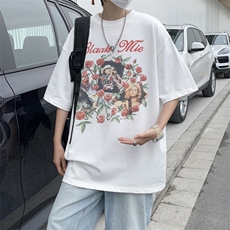 夏季复古做旧玫瑰花短袖潮牌情侣宽松情侣五分袖男T1074-P32，男装T恤，星座512-2