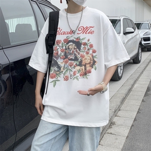 夏季复古做旧玫瑰花短袖潮牌情侣宽松情侣五分袖男 T1074-P32图片