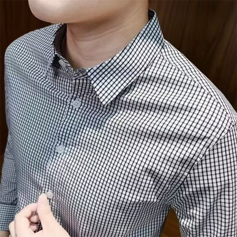 潮牌格子衬衫男士长袖春夏季商务高端休闲修身免烫上衣725,男装衬衫,星座1116A-2（原606A-1）