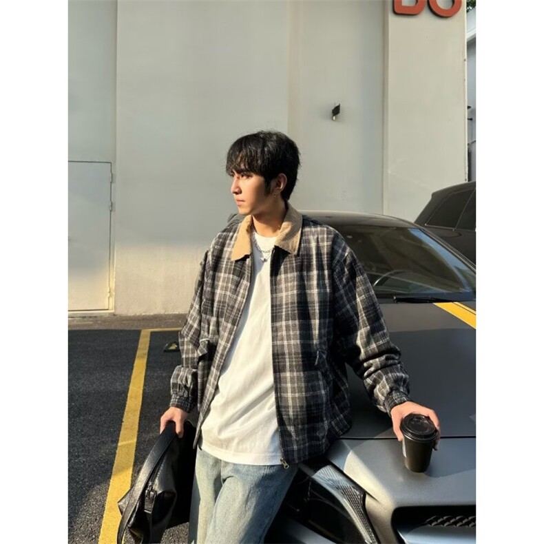 日系vintage复古格纹加厚长袖衬衫潮流痞帅百搭宽松口袋工装外套，男装衬衫，四季星座505