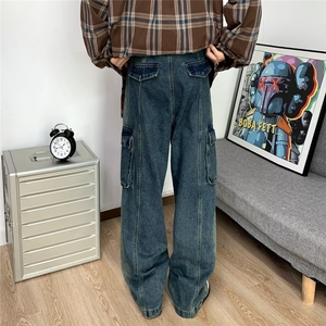水洗做旧牛仔裤男2024秋季新款美式潮牌嘻哈多口袋宽松阔腿拖地裤图片