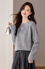 100%羊毛衫2025秋季重工蕾丝钉花宽松一字领针织衫毛衣外穿高端，女装羊毛衫，艾米