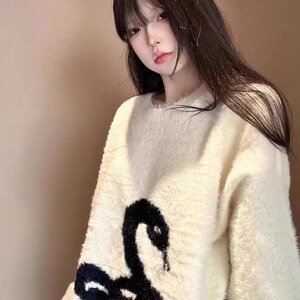 潮牌美式情侣蛇图案毛衣男女秋冬仿貂毛小众慵懒风套头针织外套图片