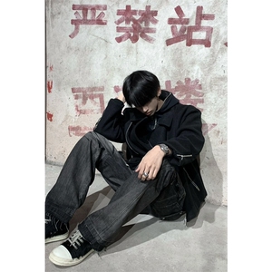 短款毛呢外套夹克斜拉链解构设计感黑色翻领外套DY193-P90图片