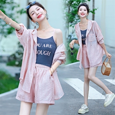 防晒衣套装女2025新款夏季小个子时尚洋气时髦衬衫吊带短裤三件套，女装套装/套裙，韩蜜菓