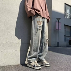 美式街头小众破洞牛仔裤男字母印花复古高街宽松休闲裤L50222-P40，男装牛仔裤，星座1008