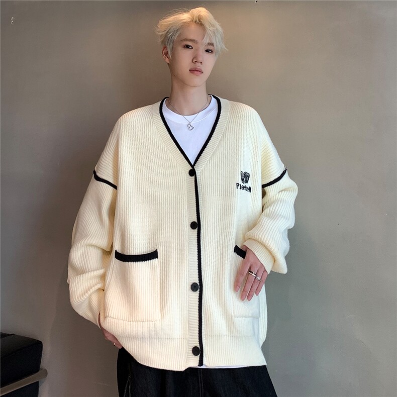 杏色V领针织开衫外套男初秋穿搭情侣复古慵懒风上衣M21-p68,女装短外套,电商C307A