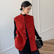 双面毛呢马甲中国风盘扣女士上衣无袖马甲中长款气质实用大气坎肩，女装马甲，荣图大衣