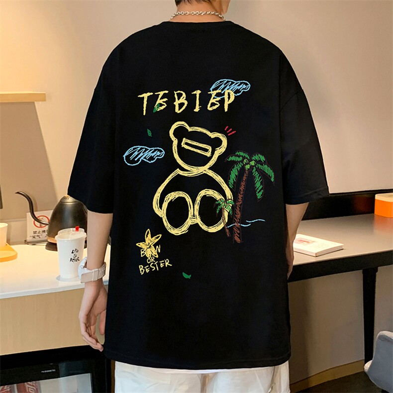 T533P25港风短袖t恤男夏季ins潮牌宽松纯棉卡通小熊打底衫,男装T恤,星座304A-1