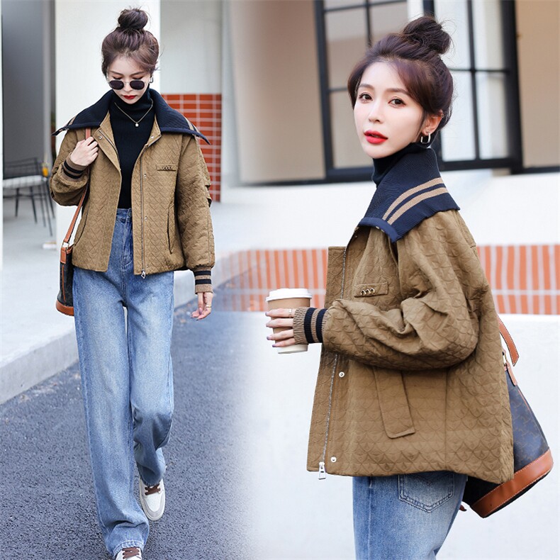 现货主推-2024冬季新款时尚休闲百搭螺纹披肩翻领加棉棉服外套女，女装棉衣/棉服，霓裳依族