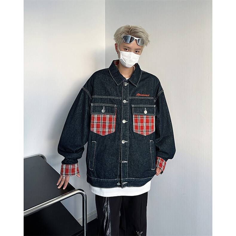 2025春装牛仔外套男口袋格子拼接痞帅宽松夹克潮牌A025-Y98-P75,男装夹克,电商A025