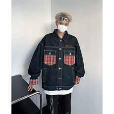 2025春装牛仔外套男口袋格子拼接痞帅宽松夹克潮牌A025-Y98-P75，男装夹克，电商A025