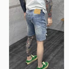 男士破洞五分牛仔裤潮牌夏季新款复古做旧个性刮烂时尚短裤男马裤，男装牛仔裤，星座1210-1