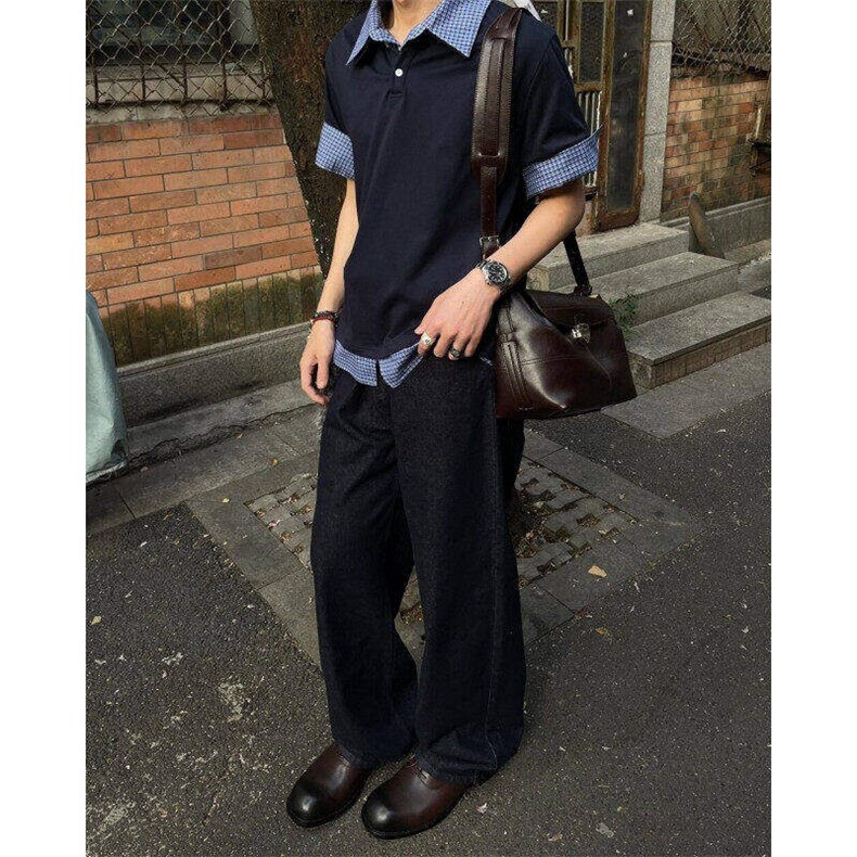 学院风短袖T恤男女宽松休闲美式假两件格纹POLO衫上衣WLT777-P35,男装T恤,星座1008