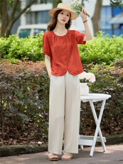 棉麻短袖洋气妈妈衬衫2025夏季新款宽松显瘦遮肉刺绣小衫好看上衣，女装套装/套裙，依万里